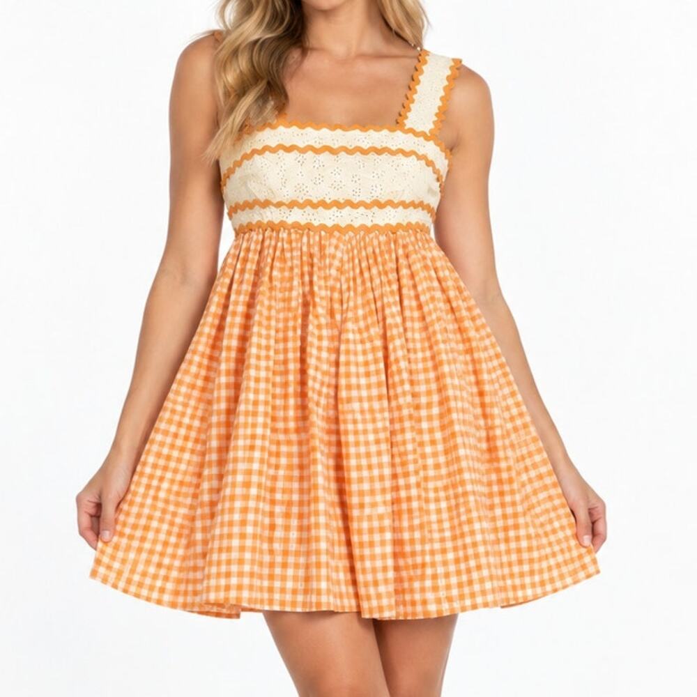Mable Orange Gingham Eyelet Ric Rac Babydoll Dress Cottagecore Women Size M
